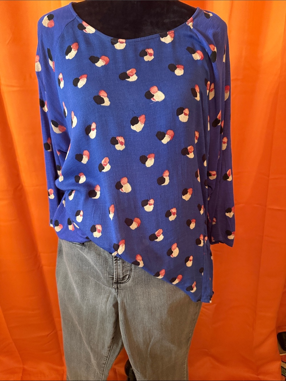 Lucky Brand Royal Blue Pullover with Black, Cream and Coral Dot Motif